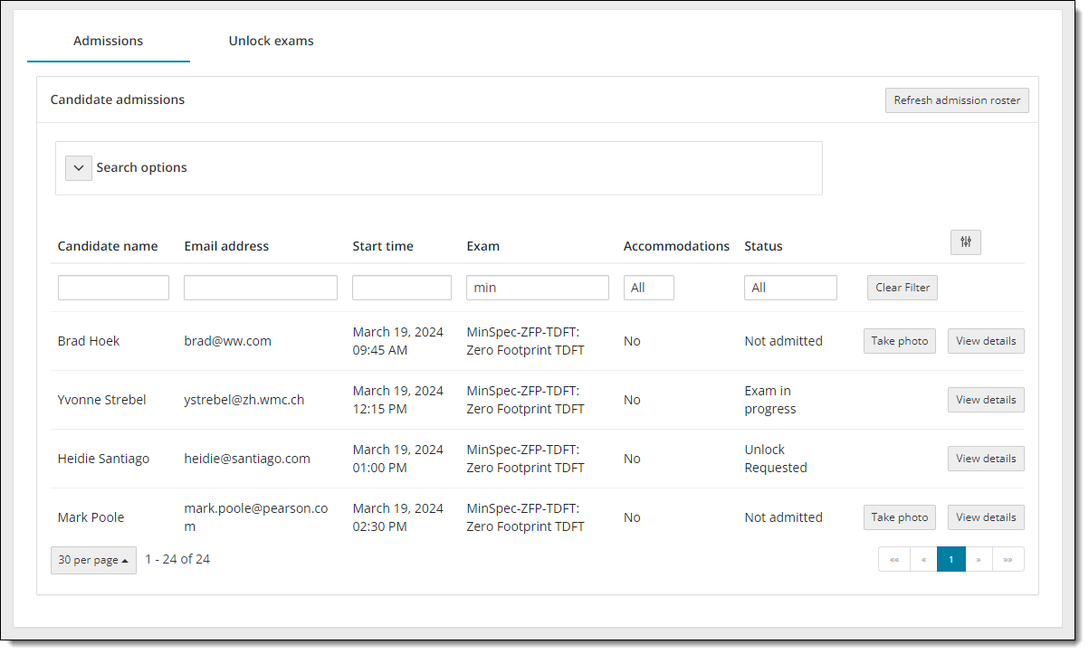 The Admissions tab lists unlocked exams with an Exam in progress status.